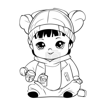 Illustration for Cute little girl in winter clothes. Vector illustration for coloring book. - Royalty Free Image
