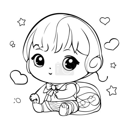 Illustration for Cute little girl with stars. Vector illustration for coloring book. - Royalty Free Image