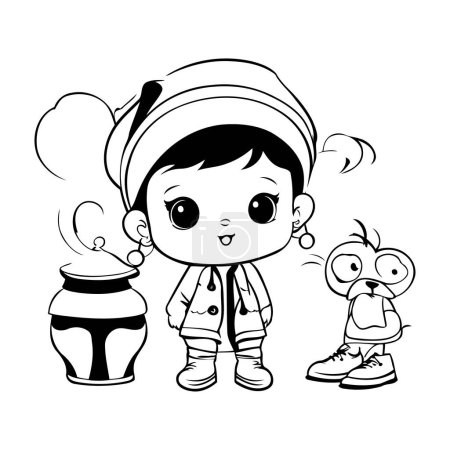 Téléchargez les illustrations : Mignon petit garçon en vêtements d'hiver et chapeau avec un pot de potion - en licence libre de droit