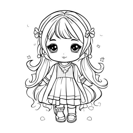 Illustration for Cute little girl with long hair. Vector illustration for coloring book. - Royalty Free Image