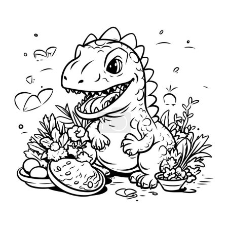 Téléchargez les illustrations : Mignon dinosaure au riz et légumes. Illustration vectorielle pour livre à colorier. - en licence libre de droit