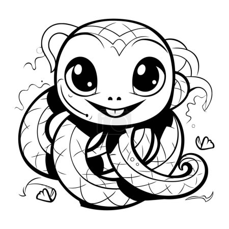 Téléchargez les illustrations : Illustration de bande dessinée en noir et blanc de mignon bébé serpent personnage animal livre à colorier - en licence libre de droit