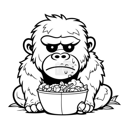 Illustration for Gorilla   Black and White Cartoon Illustration of a Gorilla with a Bowl of Food - Royalty Free Image