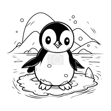 Téléchargez les illustrations : Mignon pingouin sur le lac. Illustration vectorielle noir et blanc. - en licence libre de droit