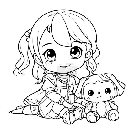 Ilustración de Dibujo para colorear de una linda niña con un oso de peluche - Imagen libre de derechos