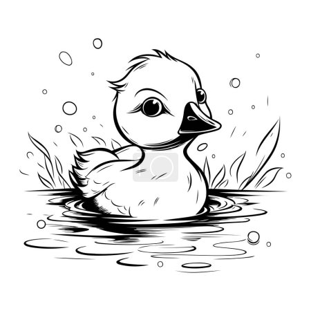Téléchargez les illustrations : Illustration vectorielle noir et blanc d'un canard mignon nageant dans l'eau. - en licence libre de droit