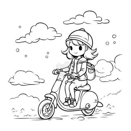 Téléchargez les illustrations : Coloriage Aperçu d'une petite fille sur une moto - en licence libre de droit
