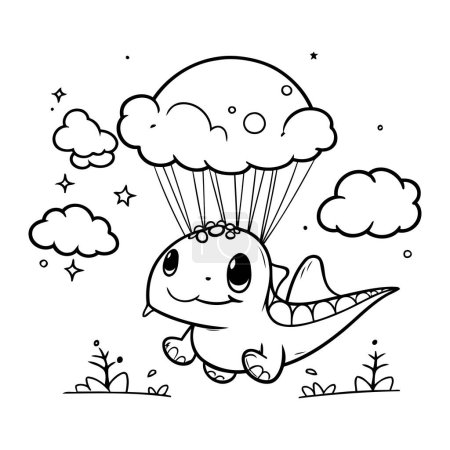 Ilustración de Ilustración vectorial en blanco y negro de un lindo dinosaurio volando en paracaídas. - Imagen libre de derechos