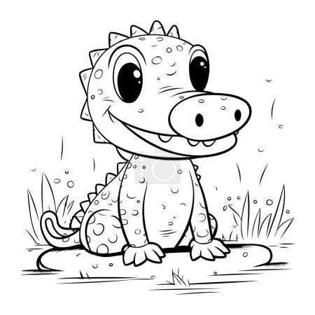 Téléchargez les illustrations : Joli petit dinosaure assis dans l'herbe. Illustration vectorielle pour livre à colorier. - en licence libre de droit