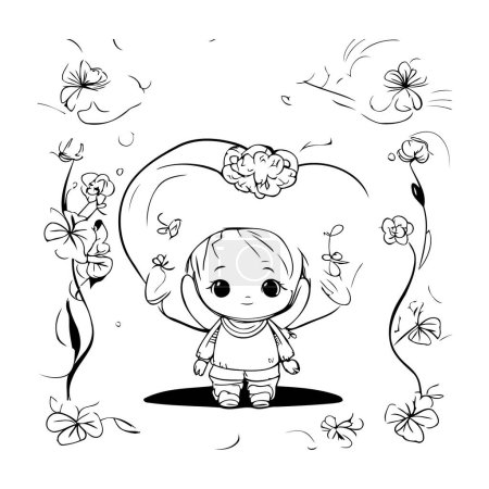 Illustration for Cute little girl with butterfly. Vector illustration in black and white. - Royalty Free Image