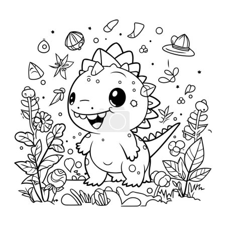 Ilustración de Página para colorear para niños. Dinosaurio lindo en la selva. - Imagen libre de derechos