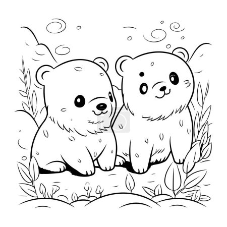 Téléchargez les illustrations : Illustration vectorielle en noir et blanc de deux ours mignons assis dans l'herbe. - en licence libre de droit