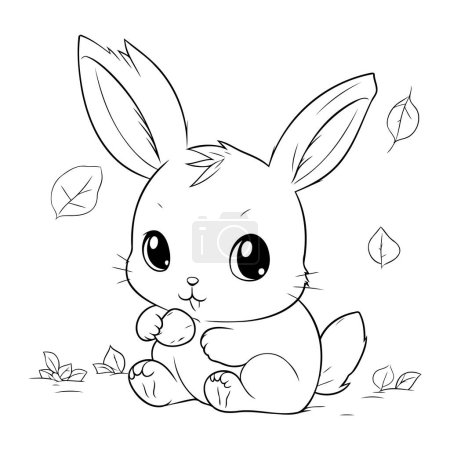 Téléchargez les illustrations : Mignon lapin dessin animé avec des feuilles d'automne. Illustration vectorielle pour livre à colorier. - en licence libre de droit