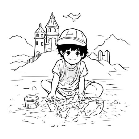 Téléchargez les illustrations : Joli petit garçon jouant dans la mer. Illustration vectorielle pour livre à colorier - en licence libre de droit