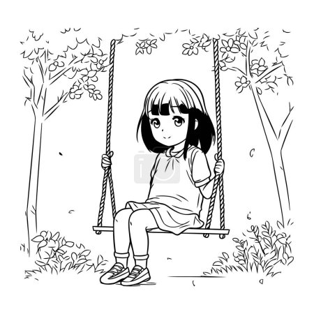 Téléchargez les illustrations : Mignonne petite fille jouer dans swing dans le parc vectoriel illustration design - en licence libre de droit