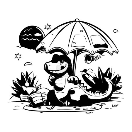 Ilustración de Cocodrilo con paraguas y libro. Ilustración vectorial en blanco y negro. - Imagen libre de derechos