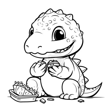 Téléchargez les illustrations : Illustration d'un dinosaure mignon mangeant une pâtisserie. Livre à colorier - en licence libre de droit