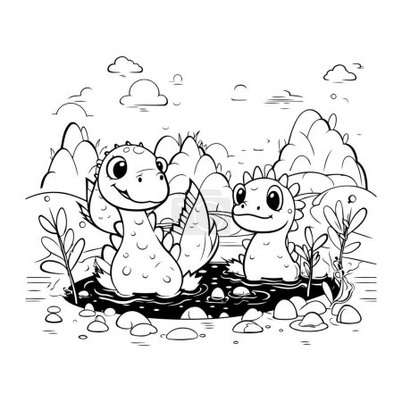 Illustration for Dinosaur in the park. Black and white vector illustration for coloring book - Royalty Free Image