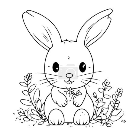 Illustration for Cute rabbit with flowers cartoon vector illustration graphic design in black and white - Royalty Free Image