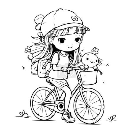Téléchargez les illustrations : Jolie petite fille en vélo. Illustration vectorielle pour livre à colorier. - en licence libre de droit