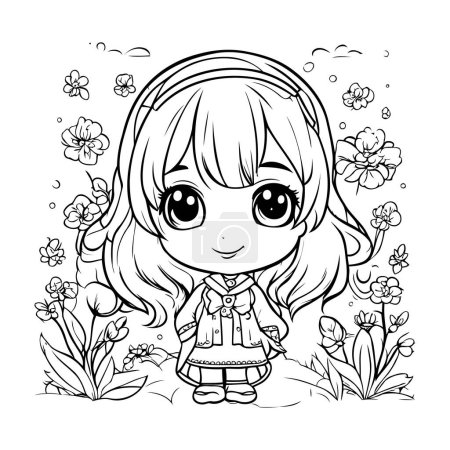Téléchargez les illustrations : Jolie petite fille avec des fleurs. Illustration vectorielle pour livre à colorier. - en licence libre de droit