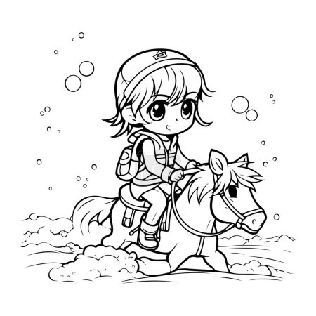 Ilustración de Linda niñita montando un caballo. Ilustración vectorial en blanco y negro - Imagen libre de derechos