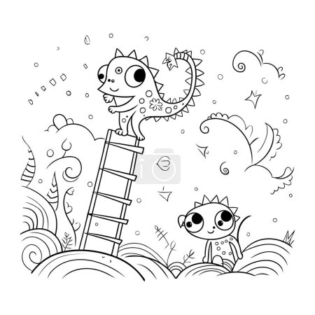 Téléchargez les illustrations : Illustration vectorielle d'un joli dinosaure de dessin animé sur une échelle. Livre à colorier pour enfants. - en licence libre de droit