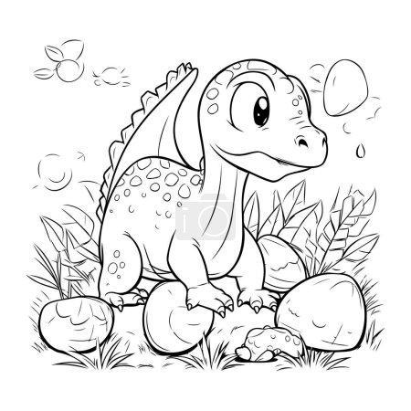 Téléchargez les illustrations : Joli dinosaure dans le jardin. Livre à colorier pour enfants. - en licence libre de droit