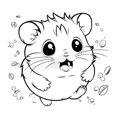 Téléchargez les illustrations : Hamster drôle avec des grains de café. Illustration vectorielle noir et blanc. - en licence libre de droit