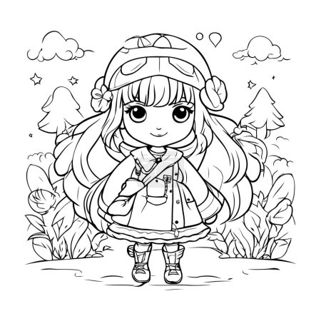 Illustration for Cute little girl in the forest. Vector illustration. Coloring book for children. - Royalty Free Image