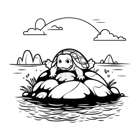 Téléchargez les illustrations : Tortue caricaturale sur un rocher dans le lac. Illustration vectorielle. - en licence libre de droit