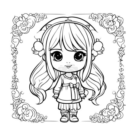 Téléchargez les photos : Petite fille mignonne dans un cadre floral. Illustration vectorielle pour livre à colorier. - en image libre de droit