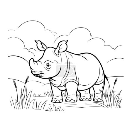 Ilustración de Rinoceronte en el campo. ilustración vectorial en blanco y negro. - Imagen libre de derechos