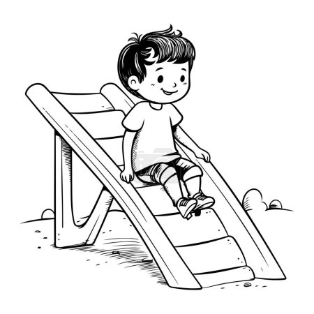 Illustration for Boy playing on slide. Black and white vector illustration for coloring book. - Royalty Free Image