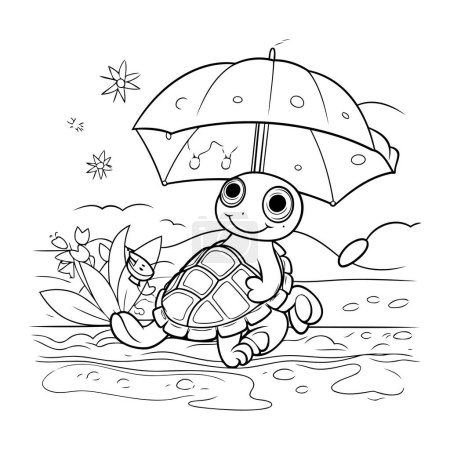 Téléchargez les illustrations : Livre à colorier pour enfants. petite tortue avec un parapluie sous la pluie - en licence libre de droit