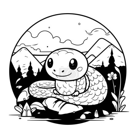 Illustration for Cute cartoon snake sitting on the grass. Vector illustration for coloring book. - Royalty Free Image