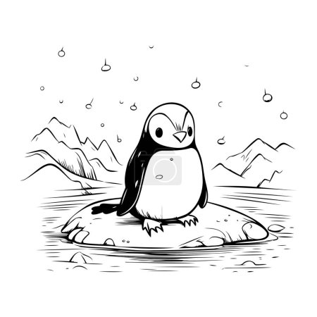 Illustration for Cute penguin on the rock. Black and white vector illustration - Royalty Free Image
