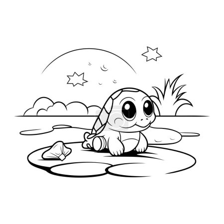 Téléchargez les illustrations : Jolie tortue de dessin animé sur un rocher. Illustration vectorielle. Livre à colorier pour enfants. - en licence libre de droit