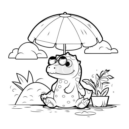 Téléchargez les illustrations : Coloriage contour de crocodile de bande dessinée avec parapluie - en licence libre de droit