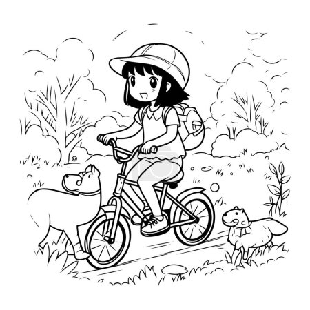 Téléchargez les illustrations : Fille en vélo dans le parc. Illustration vectorielle. Livre à colorier pour enfants. - en licence libre de droit