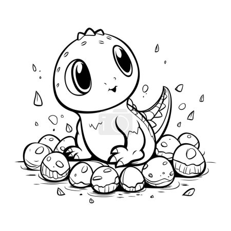 Illustration for Cute cartoon dinosaur on a pile of eggs. Vector illustration. - Royalty Free Image