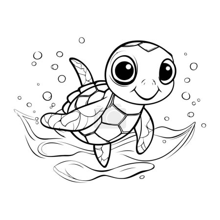 Téléchargez les illustrations : Mignon dessin animé tortue nager dans la mer. Livre à colorier pour enfants. - en licence libre de droit