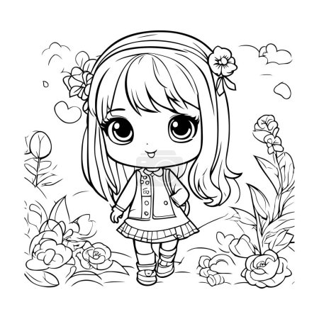 Photo for Cute little girl with flowers. Vector illustration for coloring book. - Royalty Free Image