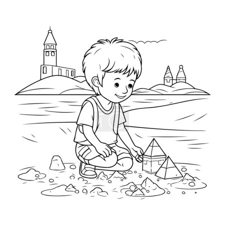 Téléchargez les illustrations : Garçon jouant avec le sable et les pierres dans le parc. livre de coloriage pour enfants - en licence libre de droit