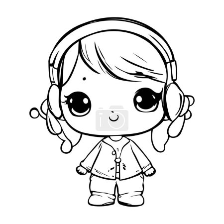 Ilustración de Linda niña con auriculares. Ilustración vectorial para colorear libro. - Imagen libre de derechos