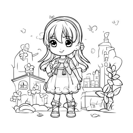 Illustration for Cute little girl cartoon in the city. Vector illustration coloring page - Royalty Free Image