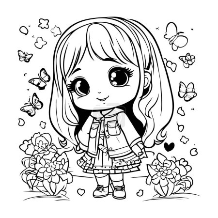 Téléchargez les illustrations : Jolie petite fille avec des fleurs. Illustration vectorielle pour livre à colorier. - en licence libre de droit