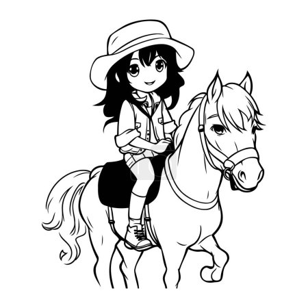 Téléchargez les illustrations : Mignonne petite fille à cheval. illustration vectorielle en noir et blanc - en licence libre de droit