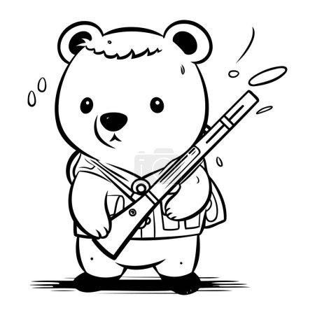Téléchargez les illustrations : Illustration noir et blanc de l'ours avec carabine personnage de bande dessinée pour le livre de coloriage - en licence libre de droit