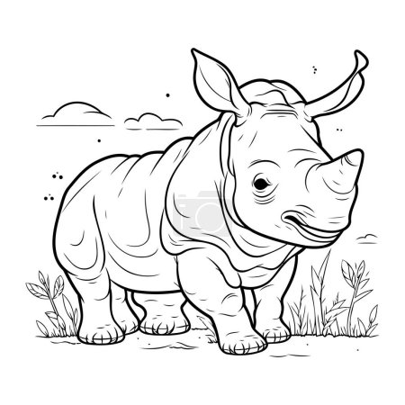 Téléchargez les illustrations : Illustration en noir et blanc d'un rhinocéros. coloriage - en licence libre de droit